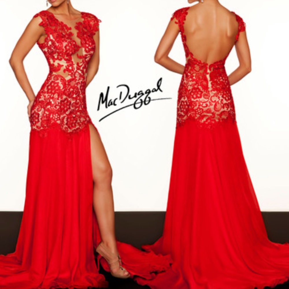 Mac Duggal red backless lace gown
